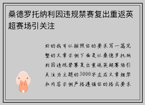 桑德罗托纳利因违规禁赛复出重返英超赛场引关注 桑德罗托纳利因违规禁赛复出重返英超赛场引关注