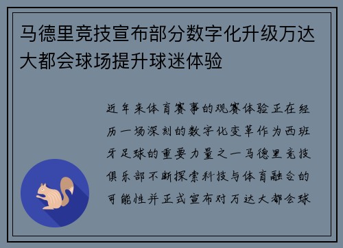马德里竞技宣布部分数字化升级万达大都会球场提升球迷体验 马德里竞技宣布部分数字化升级万达大都会球场提升球迷体验