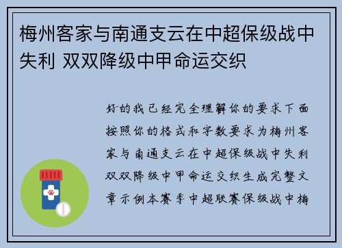 梅州客家与南通支云在中超保级战中失利 双双降级中甲命运交织
